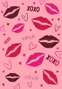 valentine's day wallpaper with lipstick kisses and hearts on pink background, including the word xoxo