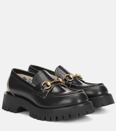 Horsebit embroidered leather loafers in black - Gucci | Mytheresa Best Sandals For Men, Shoes Png, Shiny Shoes, Dr Shoes, Gucci Loafers, Chunky Loafers, Ankle Shoes, Gucci Horsebit, Patent Leather Loafers