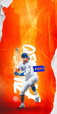 a baseball player holding a bat in front of an orange background