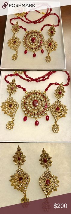 Bollywood Jewelry Set Semi Precious Red Stones Bollywood Jewelry Set Semi Precious Red Stones Necklace Earrings 4 1/2 inch and Large Flower Ring Bollywood Jewelry Necklaces Red Stone Necklace, Stones Necklace, Red Stones, Bollywood Jewelry, Red Stone, Flower Ring, Large Flowers, Necklace Earrings, Plate Sets