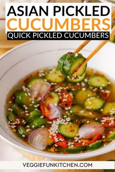 You’ll love our Quick Asian Pickled Cucumbers recipe, a delightful blend of flavors and textures. Using thin-skinned cucumbers as the crisp canvas, these quick and easy Asian pickle slices are seasoned with a harmonious combination of salt, rice vinegar, lite soy sauce, sesame oil, agave syrup, minced ginger, garlic, and a touch of red pepper flakes. Make this Quick Asian Pickled Cucumbers Recipe! | @veggiefunkitchen Asian Pickling Recipes, Quick Cucumber Pickles, Japanese Pickled Vegetables, Asian Pickled Vegetables, Cucumber Pickle Recipes, Asian Pickled Cucumbers, Easy Pickled Cucumbers, Pickled Cucumbers Recipe, Asian Pickles