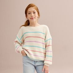 Keep your little one cozy with this girls 6-20 SO striped boxy crewneck knitted sweater in regular and plus size. Click on this KIDS APPAREL & SHOES GUIDE to find the perfect fit and more! Keep your little one cozy with this girls 6-20 SO striped boxy crewneck sweater in regular and plus size. FEATURES Crewneck Long sleevesFABRIC & CARE Acrylic, polyester, metallic Machine wash Imported Size: 18 PLUS. Color: Cream Stripe. Gender: female. Shoes Guide, Oversized Sweater, Crewneck Sweater, Knitted Sweater, Grey Stripes, Crew Neck Sweater, Fabric Care, Gender Female, Sweater Top