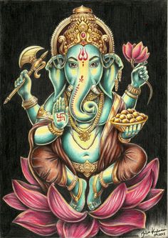 a drawing of an elephant with flowers in its trunk and the face of ganesha