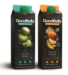 two cartons of good belly juice with fruit on the front and one in the back