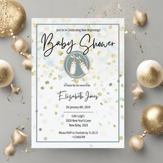 a baby shower is shown with gold confetti