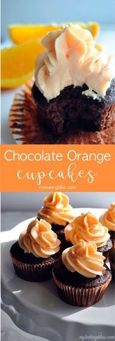 chocolate orange cupcakes with frosting on top and an orange slice in the background