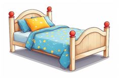 a wooden bed with blue sheets and yellow stars on the pillowcases is shown