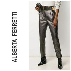 Fabulous High Waisted Dark Grey/ Silvery Steel Colored Genuine Leather Pants With Inverted Pleats At Front. Alberta Ferretti Pleated Leather Trousers, Hook And Bar Closure At Front. 100% Lamb Leather. Made In Italy. This Exact Product Is $695 At Farfetch! (Pro Photo Credits: Farfetch) Msrp $1095, You Are Getting Them At 65%Off! Bin 145 Leather Trousers, Alberta Ferretti, Jumpsuit Trousers, It's Cold, Grey Leather, Dark Grey, Pant Jumpsuit, Leather Pants, Genuine Leather