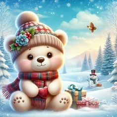 a teddy bear wearing a hat and scarf sitting in the snow with presents on it