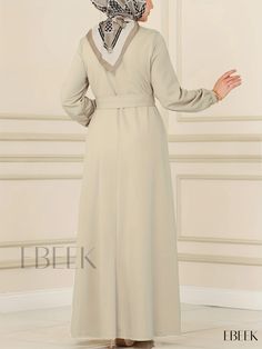 Ebeek - Exquisite Single Breasted Kaftan Abayas, Sophisticated Belted Lantern Sleeve Maxi Length Dress, Womens Apparel Elegant V-neck Wedding Abaya, Spring Formal Fitted Abaya, Elegant Long Abaya For Spring, Elegant Cream Long Sleeve Abaya, Elegant Long Cream Abaya, Elegant Long Sleeve Cream Abaya, Elegant Long Fitted Abaya, Elegant Spring Wedding Abaya, Elegant Beige Abaya For Eid