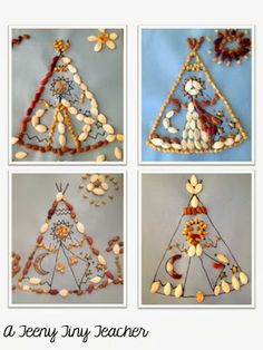 four pictures of beaded christmas tree ornaments with text overlay that says,'it is a jenny art teacher '