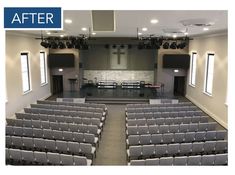 an empty church with rows of chairs and pews in front of the alter, before and after renovations