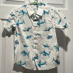 Carters Size 5 Shark Button Down Shirt Smoke Free Home Shark Button Up Shirt, Cute Blue Button-up Shirt, Cute White Tops With Buttons, Playful Collared Blue Tops, Playful Blue Collared Top, Cute White Button Shirt, Cute Blue Collared Top, Blue Summer Shirt With Snap Buttons, Blue Shirt With Snap Buttons For Summer