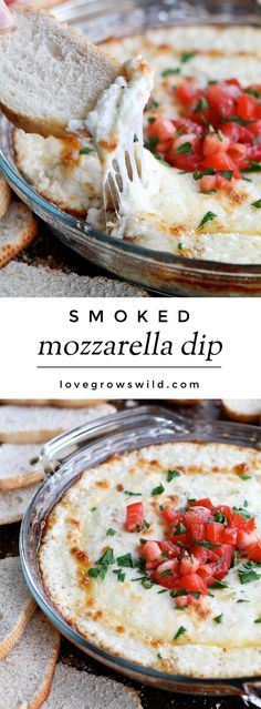 a plate with some bread and tomatoes on it, and the words smoked mozzarella dip