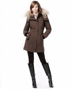 Genuine leather and two types of fur trim bring a rich look and heavy-duty warmth and durability to a water-resistant coat filled with light and lofty down. Plenty of pockets add utility and a detachable hood provides versatile, all-weather protection.  Hidden front-zip closure with outer snap storm placket.  Zip-off hood with genuine coyote fur (Canada) and genuine rabbit fur (China) trim.  Long sleeves, with inset rib-knit storm cuffs. Epaulets.  Chest snap-welt pockets; front zip and hidden-s Luxury Winter Travel Outerwear, Trench Coat Fall, Coyote Fur, Trench Coat Black, Flight Jacket, Parka Coat, Leather Moto Jacket, Parka Jacket, Detachable Hood