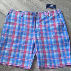 Pink Blue And Green Plaid Performance Shorts From Vineyard Vines. New With Tags Size 40 Vv Sticker Included With Purchase. Preppy Fitted Blue Shorts, Blue Fitted Preppy Shorts, Fitted Preppy Blue Shorts, Preppy Blue Summer Shorts, Preppy Short Length Beach Bottoms, Multicolor Fitted Preppy Bottoms, Preppy Cotton Vacation Bottoms, Preppy Cotton Bottoms For Vacation, Preppy Blue Bottoms With Pockets