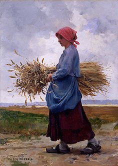 a painting of a woman walking down a dirt road holding a bundle of hay in her hands