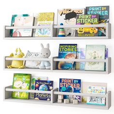 three white bookshelves filled with children's books and stuffed animals on them