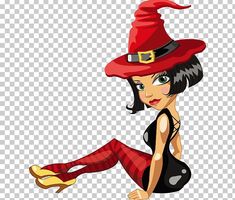 a cartoon witch sitting on the ground with her legs crossed, wearing red stockings and a hat