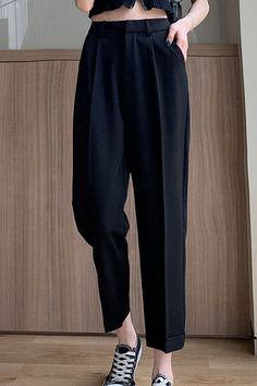 High Waist Pleated Ankle Length Long Pants – Tomscloth Solid Color Ankle-length Dress Pants With Elastic Waistband, Elastic Waistband Ankle-length Dress Pants, Solid Ankle-length Dress Pants With Elastic Waistband, Baggy Business Casual Pants, Baggy Solid Color Pants For Business Casual, Baggy Solid Pants For Business Casual, Solid Color Baggy Pants For Business Casual, Business Casual Baggy Tapered Leg Bottoms, Black Loose Fit Ankle-length Dress Pants