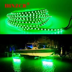 the boat is lit up with green lights