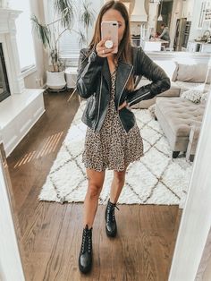 woman wearing leopard dress - cute fall outfits Dr Martens Outfit, Pastel Outfit, Cute Fall Outfits, Outfit Inspo Fall, Black Leather Jacket, Fashion Mode, Work Fashion, Fall Winter Outfits