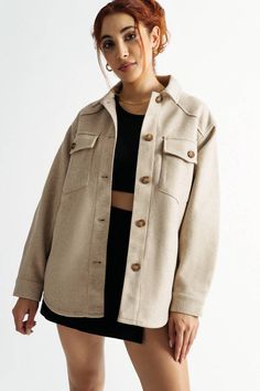 Shacket | Tobi Courderoy Shacket Outfit, Beige Button Up Shirt Outfit, Beige Shacket Outfit, Oversized Shacket Outfit, Big Jacket Outfits, Beige Jacket Outfit, Beige Shacket, Oversized Jacket Outfit, Eda Outfits