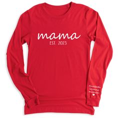 👩💕 Celebrate your journey as a mom with our Mama Est Since T-Shirt personalized with your kid's names! 🌟 Customize it for a special touch! 😍 Get yours now and wear your mom pride in style! For different Mother's Day t-shirt designs, please take a look at our Mother's Day collection. https://www.greatwoodboutique.com/collections/mothers-day-tee-shirts Customizable T-shirt For Mother's Day, Casual T-shirt For Mother's Day Family Events, Personalized Long Sleeve T-shirt For Mother's Day, Family Matching Long Sleeve T-shirt, Long Sleeve Tops With Name Print For Family, Long Sleeve T-shirt With Name Print Gift, Mother's Day Family T-shirt With Name Print, Personalized Tops For Mother's Day, Custom Text Long Sleeve T-shirt For Mother's Day