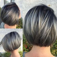 Layered Ash Blonde Balayage Bob Blonde Balayage Bob, Short Choppy Haircuts, Balayage Bob, Choppy Haircuts, Grey Highlights, Ash Blonde Balayage, Silver Highlights, Chin Length Hair, Short Grey Hair