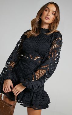 Dress Sleeve Styles, Lace Dress With Sleeves, Mini Robes, Weave Style, Long Puff Sleeves, Lace Mini Dress, Lantern Sleeves, Waist Dress, Mandarin Collar