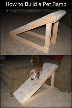 two pictures of a dog laying on top of a pet ramp that is attached to a couch