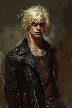 a painting of a man with blonde hair wearing sunglasses and a leather jacket, standing in front of a dark background