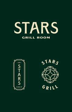 the logo for stars grill room is shown in green and white, along with other logos