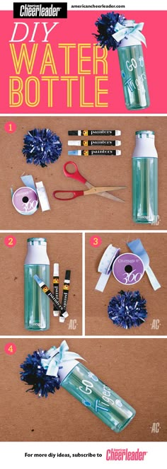 the instructions for how to make a water bottle with ribbon and pom poms