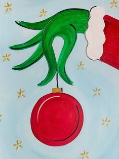 an acrylic painting of a hand holding a christmas ornament