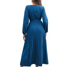 Blue Front Wrap V Neck Swing Long Dress with Belt Long Dress With Belt, Belt Women, Dress With Belt, Midi Dresses, Women Dresses, Dresses Midi, Long Dress, Midi Dress, V Neck