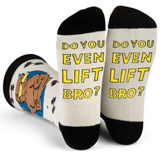 Flex in the gym or while you’re out having fun with these funny socks for weightlifters! The design features a buff bodybuilder plus an original pattern of barbells, dumbbells, and kettlebells, and the bottom features a funny saying that makes gym rats smile: “Do You Even Lift Bro?” They make a strong gift for workout fanatics, perfect for birthdays, Christmas, Father's Day and more. Weight Lifting Humor, Weight Lifters, Funny Socks For Men, Novelty Gifts For Men, Gym Rats, Mens Novelty Socks, Golf Socks, Gym Gifts, Gifts For Teen Boys