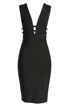 A plunging neckline takes center stage on this curve-accentuating bandage dress that's full of night-out appeal. Plunge neck Sleeveless 95% polyester, 5% elastane Dry clean Imported Chic Bandage Dress For Night Out, Chic Elastane Bandage Dress For Night Out, Bodycon Bandage Dress For Cocktail, Stretch V-neck Bandage Dress For Date Night, Sleeveless Bandage Dress For Formal Occasions, Formal Sleeveless Bandage Dress, Evening Bodycon Bandage Dress With Cutout, Chic Stretch Bandage Dress, V-neck Bandage Bodycon Dress For Club