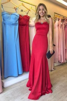 Satin Evening Gown, Strapless Sweetheart Neckline, Gala Dinner, Red Satin, Gorgeous Gowns, Color Swatches, Pink Candy, Knee Length Dress