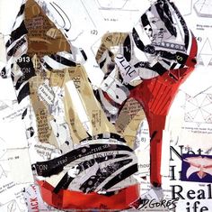 a collage of high heeled shoes with words all over them and the word real life written on it