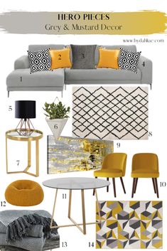 yellow and grey living room mood board