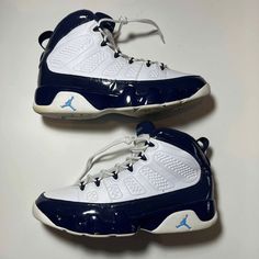 Air Jordan 9 Retro 'UNC' US Mens Size 12 302370-145 Basketball Shoes 2019 Navy Blue Sneakers 100% Authentic White IX Jumpman Kicks Item will be shipped in a package/box, contact me if you have a preference, condition as is in pictures, if you have any questions, comments or concerns please contact me at anytime, I want to make sure the customer is happy with the purchase and that we can come to a happy conclusion, check me out on social media if you want more pictures, thank you!  Shoes are in g Blue Breathable Lace-up Jordan Shoes, Navy High-top Basketball Shoes With Boost Midsole, Navy Basketball Shoes With Boost Midsole, Navy High-top Sneakers With Boost Midsole For Sports, Navy Cushioned Basketball Shoes For Streetwear, Jordan Sports Shoes With White Sole And Branded Insole, Jordan Shoes For Light Sports With Fade-resistant Round Toe, Navy Low-top Basketball Shoes, Fade-resistant Synthetic Jordan Lace-up Shoes