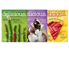 three magazines with different types of food on the front and back covers, one in red, one in green