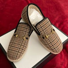 100% Authentic, Made In Italy New Gucci Check Wool Loafers With Brown Check Fabric, Merino Wool Lining With Horse-Bit Detail Euro Size 9 1/2 Fits Us Size 10 1/2 Box Included And 2 Dost Bags, Care Booklet Brown Gucci Slip-on Loafers, Designer Beige Slip-on Loafers, Gucci Brown Loafers With Rubber Sole, Brown Gucci Loafers With Rubber Sole, Gucci Slip-on Loafers With Round Toe, Luxury Brown Slip-ons With Round Toe, Gucci Designer Brown Loafers, Designer Brown Gucci Loafers, Gucci Designer Slip-on Loafers