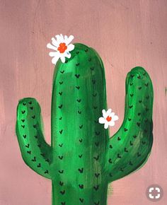 a painting of a green cactus with white flowers on it's head and pink background