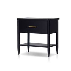 the side table has an open drawer on one end and two drawers on the other