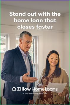 a man and woman standing next to each other in front of a sign that says, stand out with the home loan that closes faster