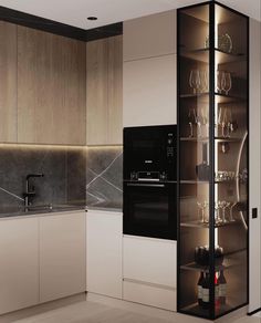 a modern kitchen with glass shelves and wine glasses