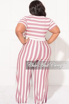 Rayon %: 95 Spandex %: 5 Model is wearing 1x Belt not included, sold separately click here Short Sleeve Jumpsuit, Chic And Curvy, Short Sleeve Jumpsuits, Pink And White Stripes, Jumpsuit With Sleeves, Plus Size Shorts, Pink And White, Final Sale, White Stripe