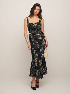 Romance for one.  Shop the Irisa Dress from Reformation, a midi dress with a sweetheart neckline, lace detailing, and a ruffled hem. Formal Wedding Guests, Column Skirt, Guest Attire, Wedding Attire Guest, Reformation Dress, Silky Dress, Reformation Dresses, Georgette Fabric, Formal Attire